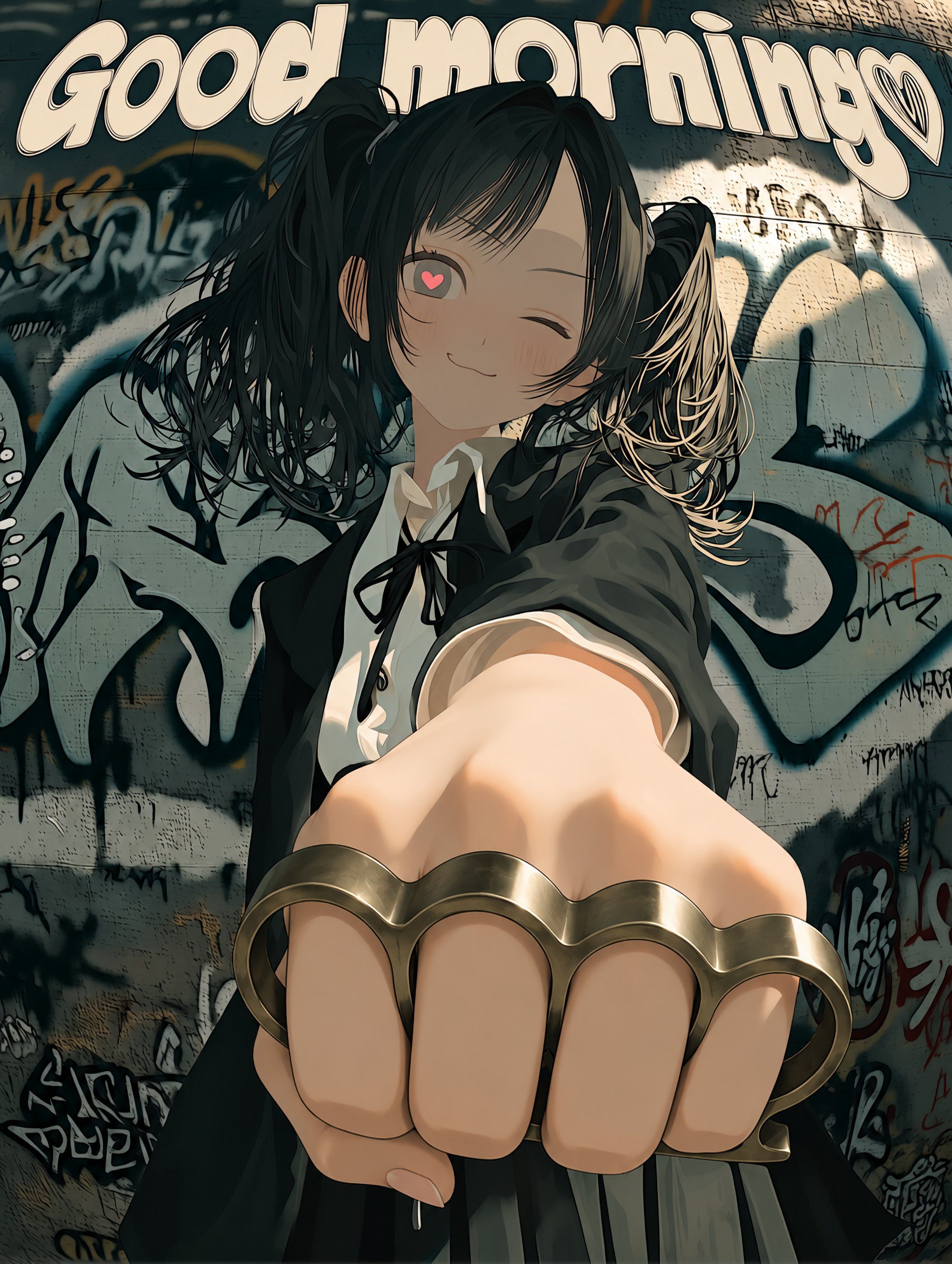 一个有着凌乱黑色双马尾的动漫女孩，穿着校服，展现出街头与校园女孩的结合气质