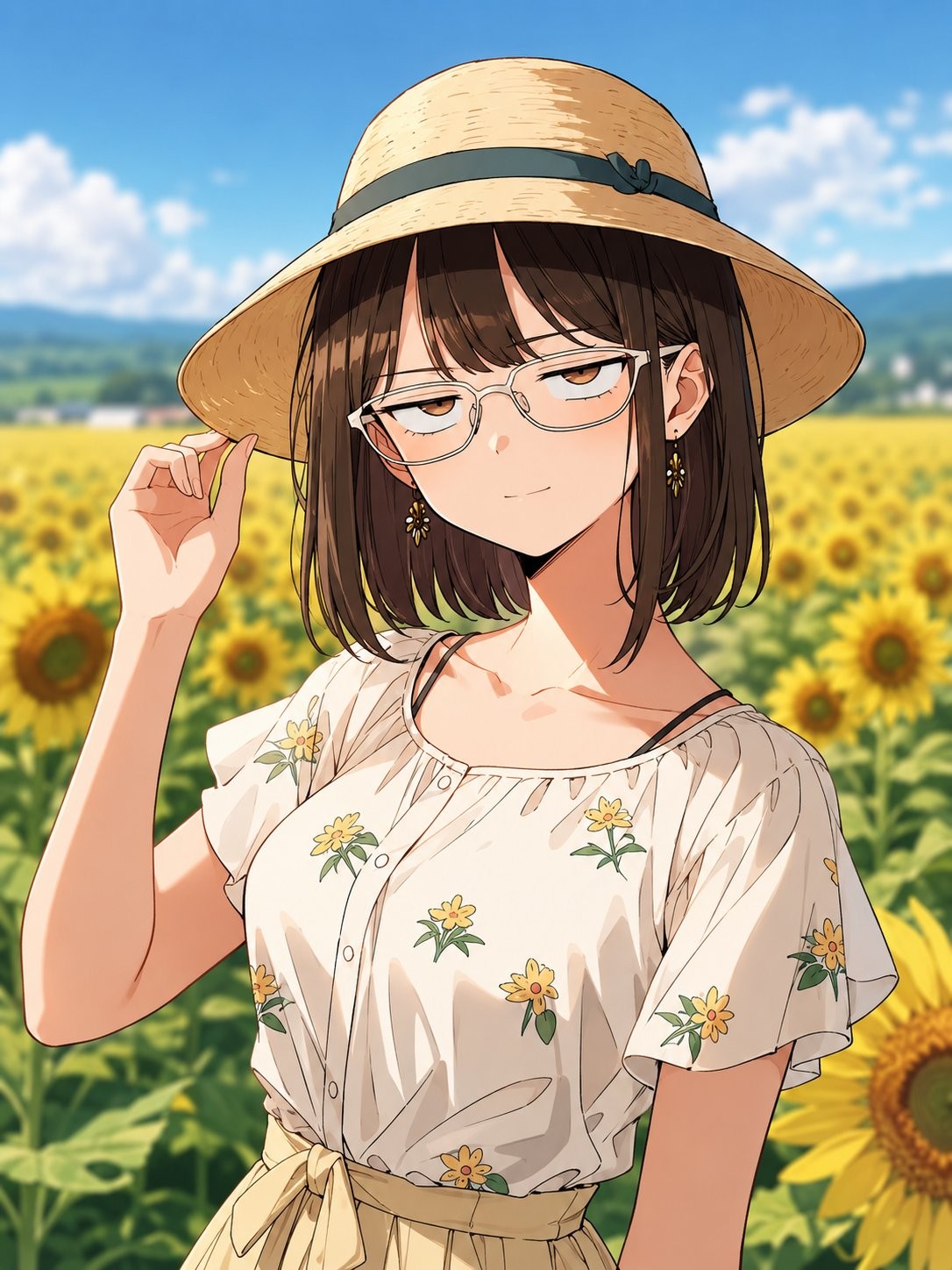 Ein modernes Anime-Charakterporträt vor einem sommerlichen Blumenhintergrund