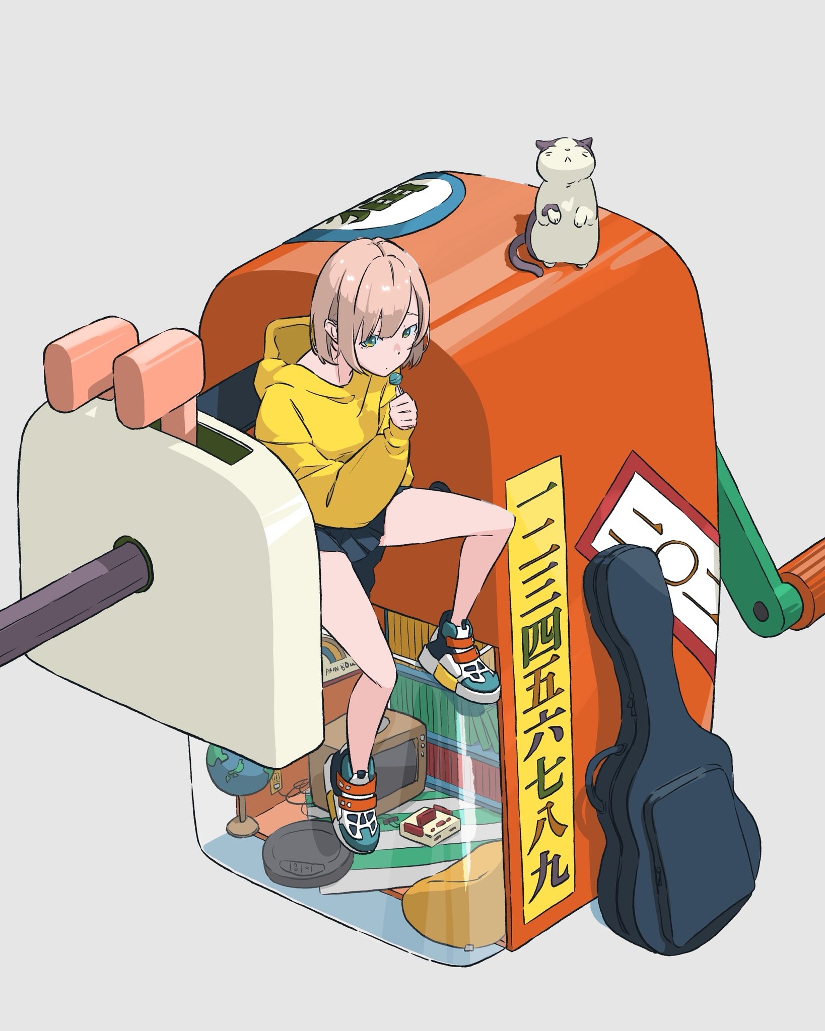 Esta ilustração exemplifica a mistura da estética contemporânea do anime japonês com o surrealismo, apresentando uma menina em miniatura dentro de um grande apontador