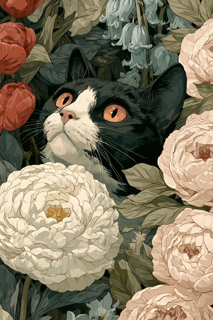 Eine tuxedo Katze umgeben von bunten Blumen schaut nach oben