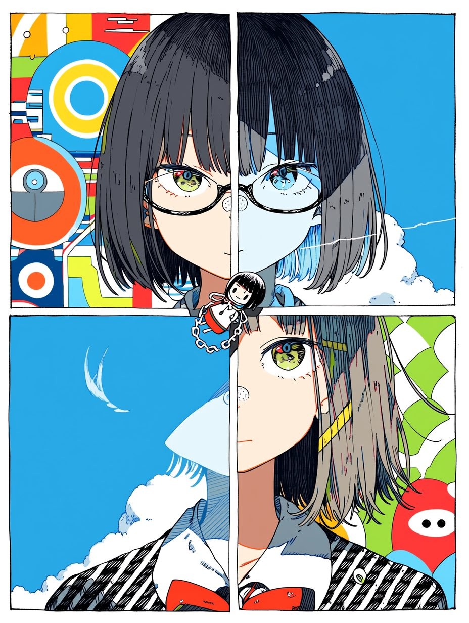 A four-part manga illustration featuring a bob-haired girl with glasses and green eyes