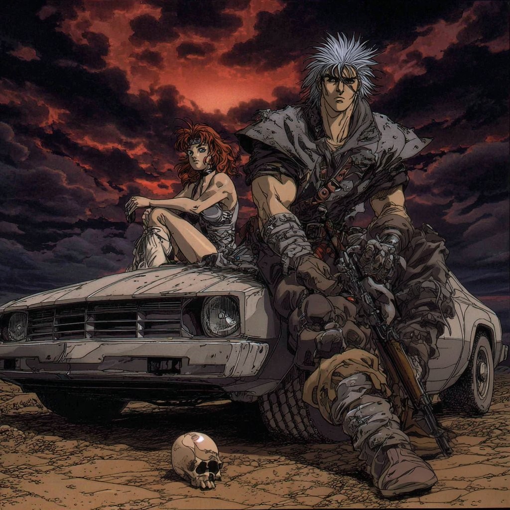The late 1980s cel animation style showcases the violent aesthetics of muscular heroes and broken machinery