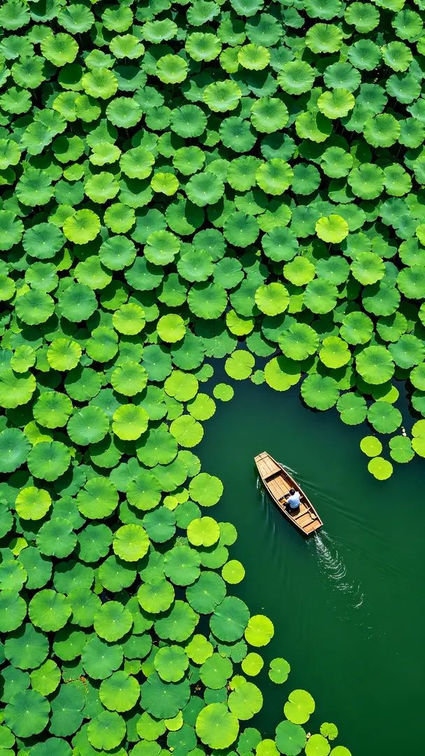 Ein Seerosenteich mit Blättern und einem kleinen Boot ist lebhaft