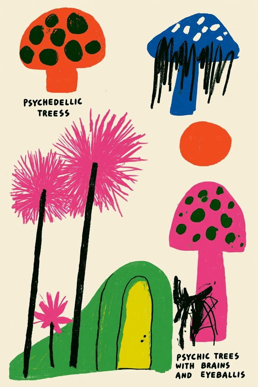 A whimsical illustration features various brightly colored objects against a light cream background