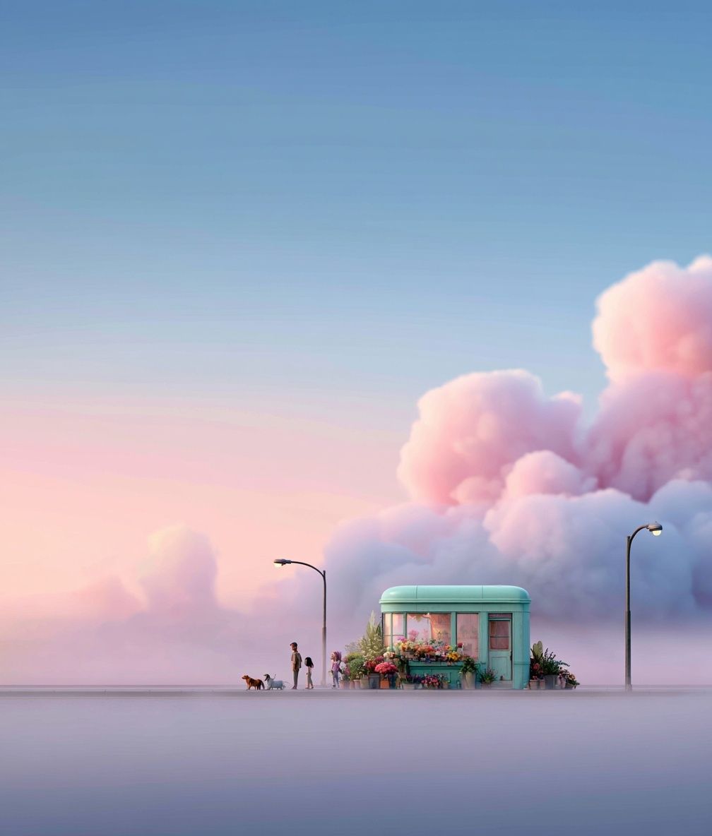 Traumhafte Pastelllandschaft mit einem mintgrünen Blumengeschäft an einer ruhigen Straßenecke