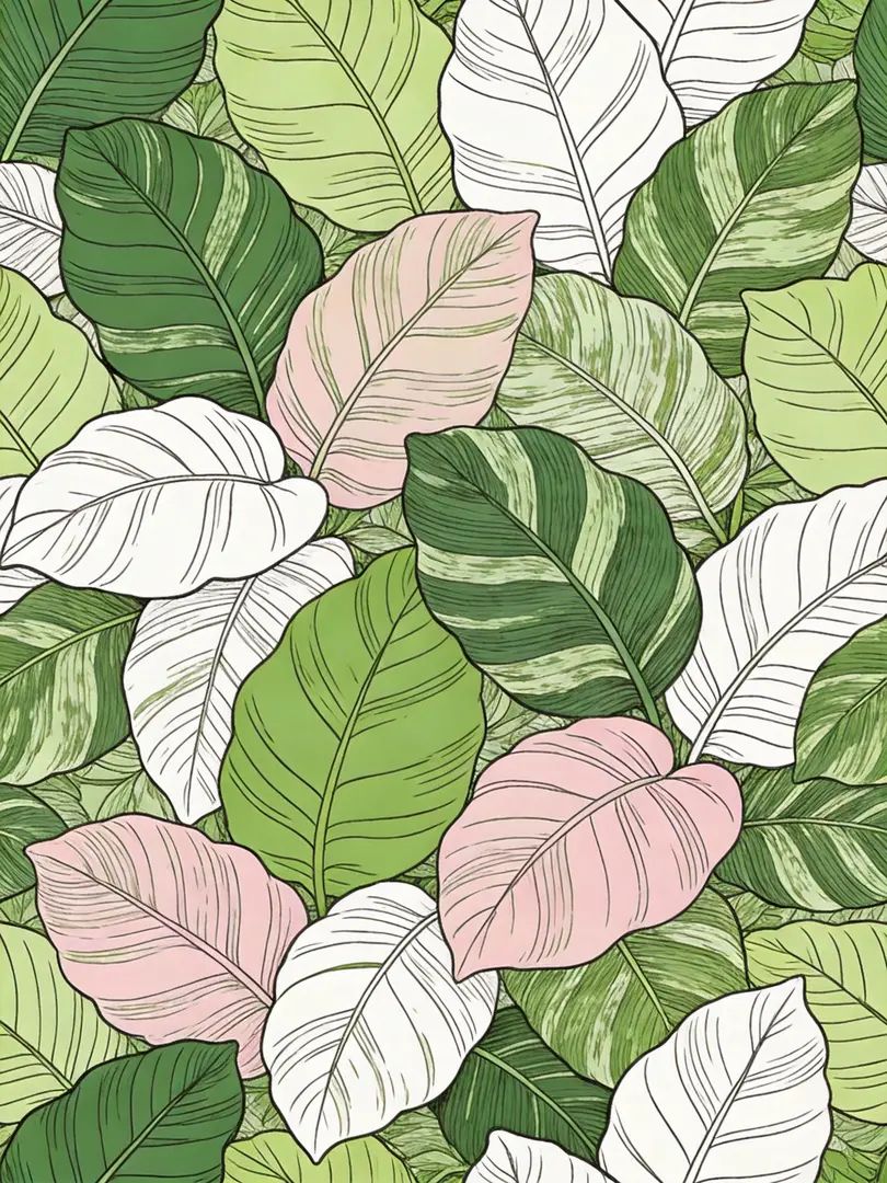 Uma ilustração contínua quadrada em tons de verde que exibe um densa folhagem harmônica