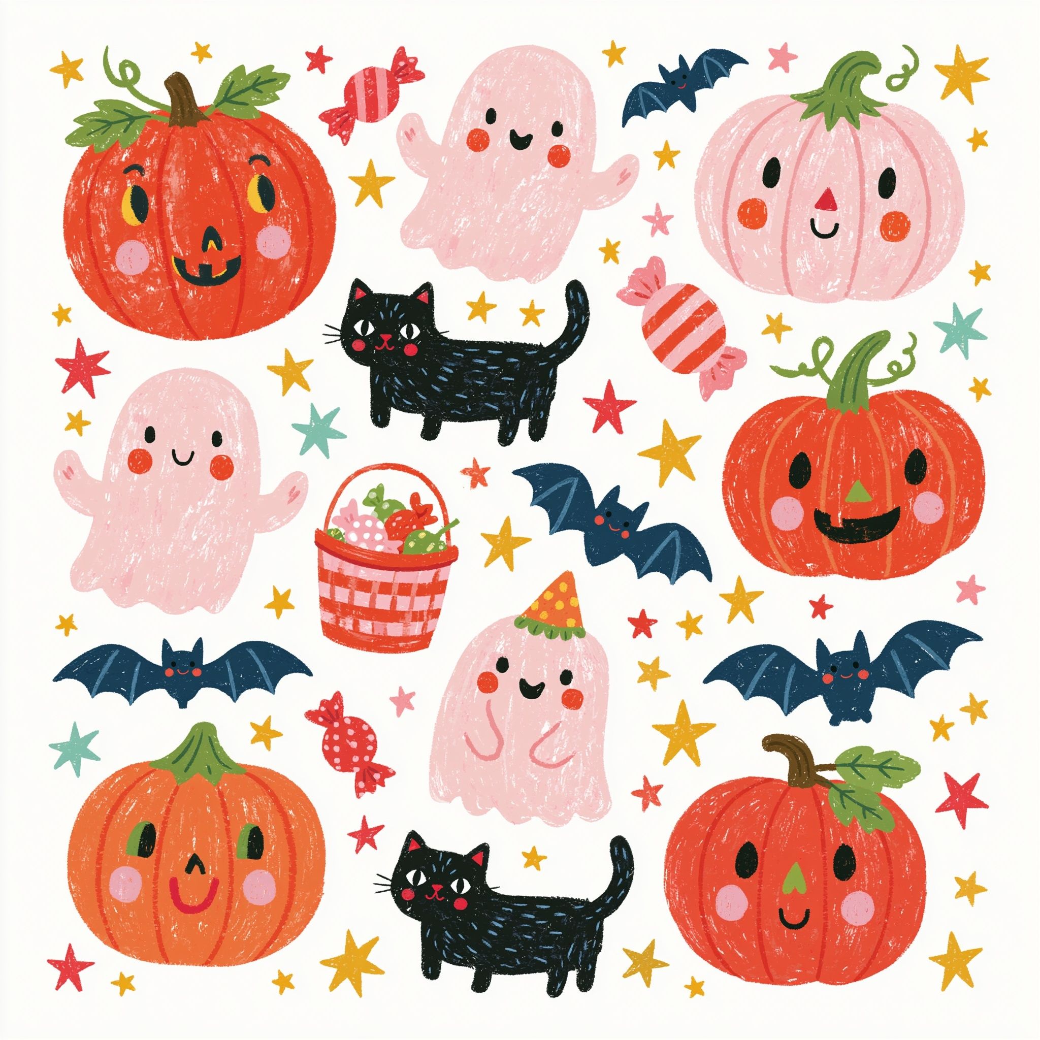 Coleção de clipart de Halloween fofa com abóboras sorridentes e fantasmas amigáveis