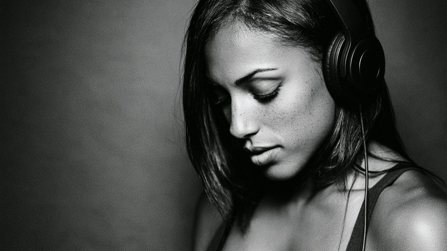 A beautiful Black woman is listening to music, thoughtfully wearing matte black over-ear headphones and a simple dark tank top.