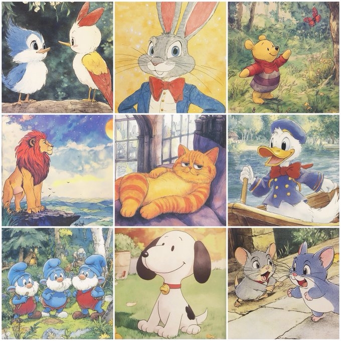 Nine-panel grid of nostalgic children's book illustrations featuring classic characters