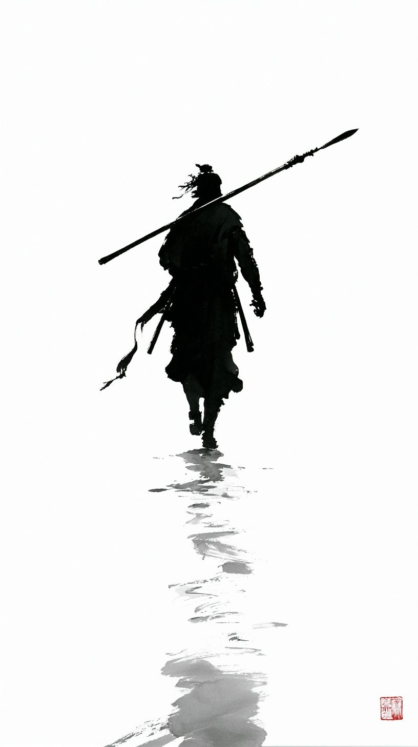 Honda Tadakatsu walking alone into history, powerful rear silhouette with a long spear on his shoulder