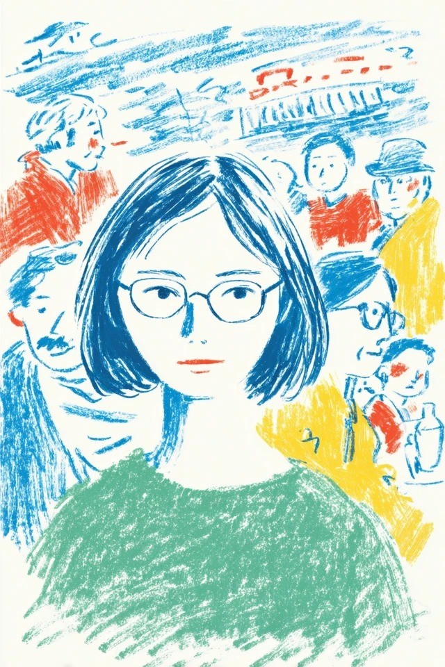 This is a loose crayon-style illustration in primary blue, red, and yellow