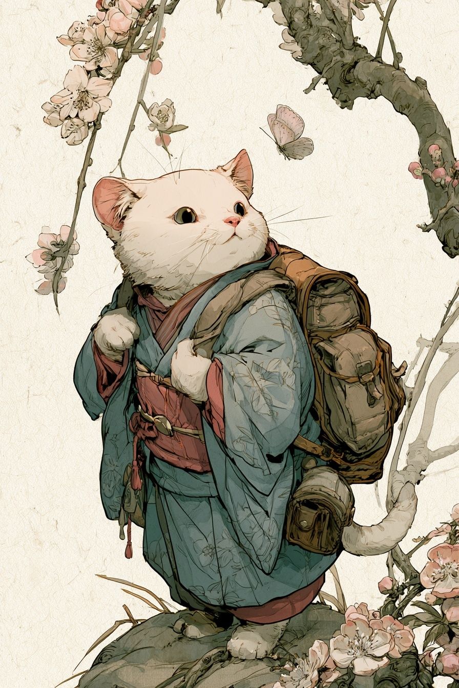 A cat in a kimono chasing a butterfly
