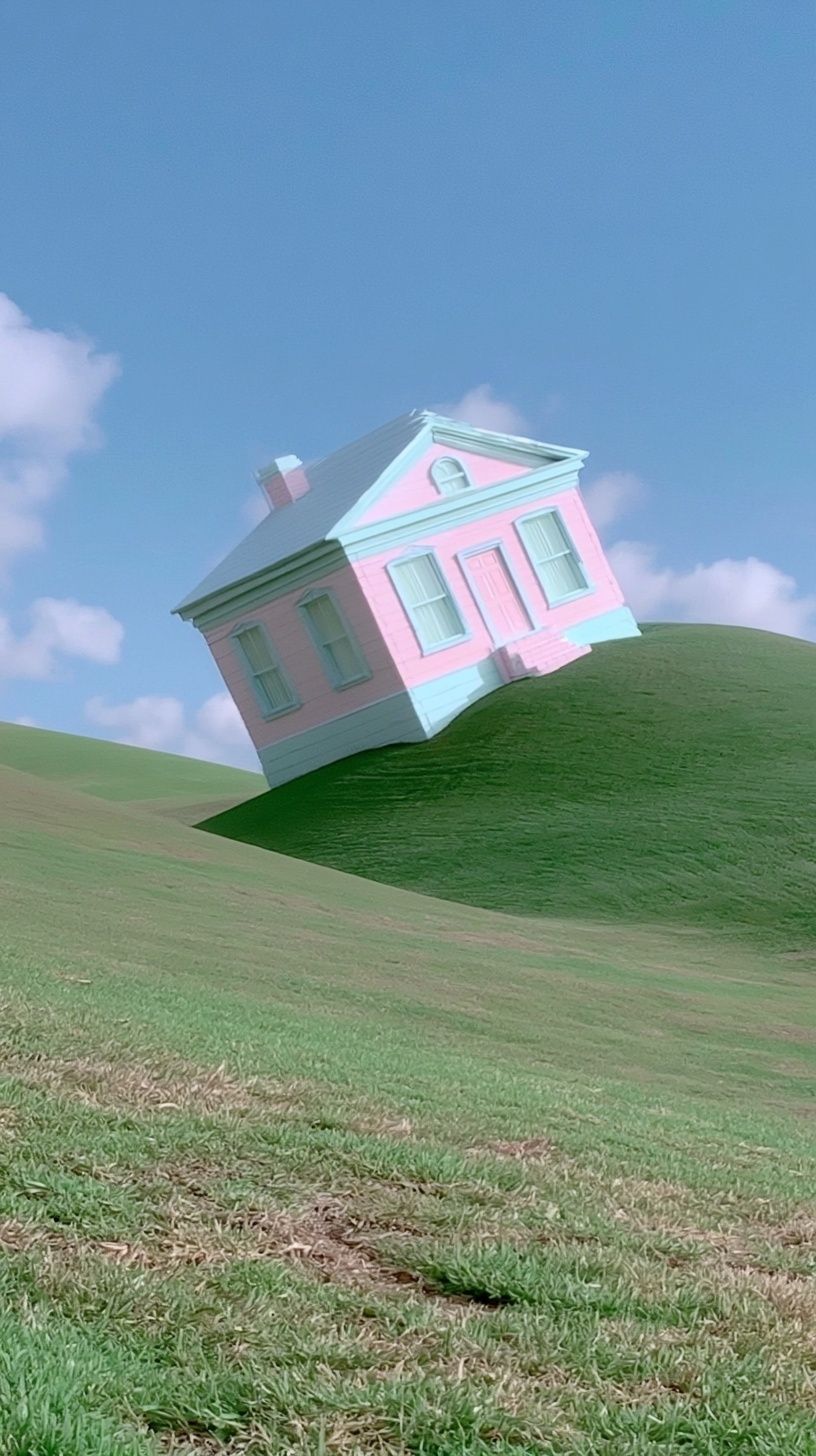 Une maison est construite de manière maladroite sur le flanc de la colline au loin