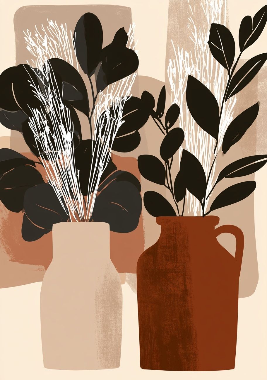 This is an illustration showcasing two stylized vases with dark leaves and white linear elements