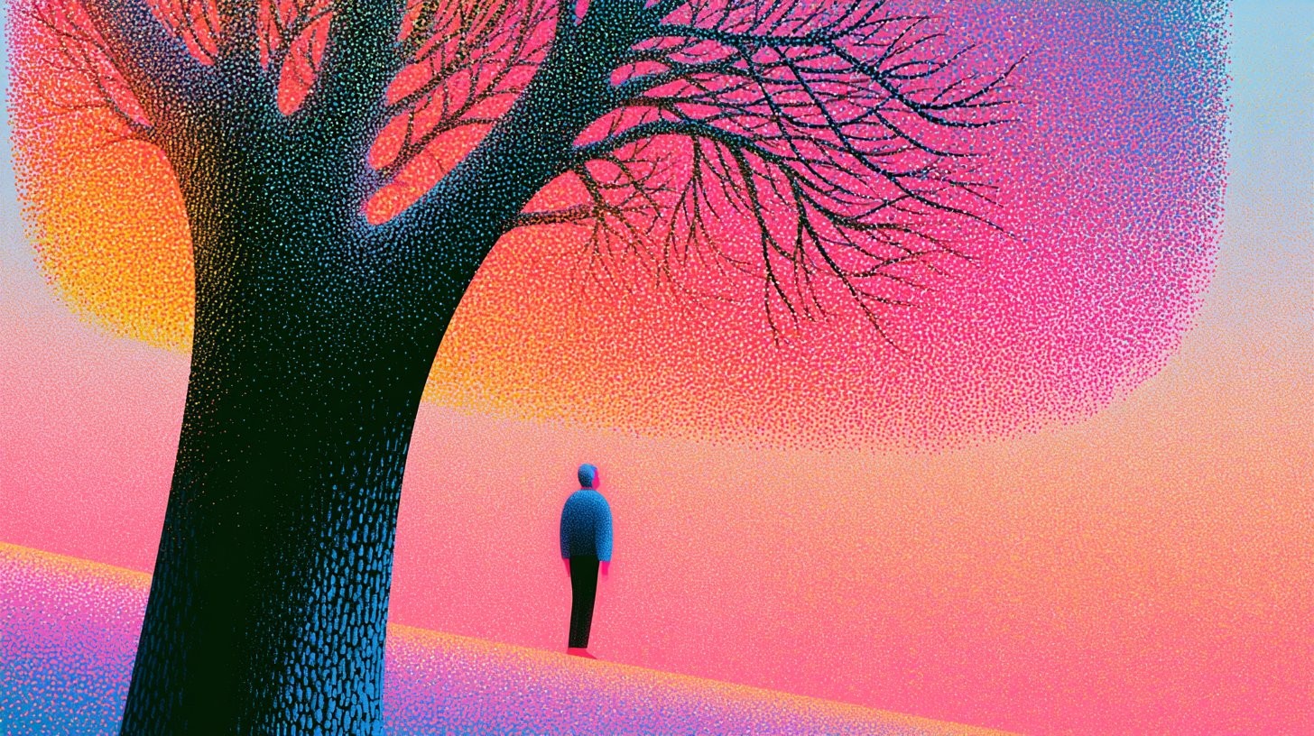 Un paisaje puntillista surrealista con una enorme silueta de árbol oscuro a la izquierda y una pequeña figura humana en el horizonte