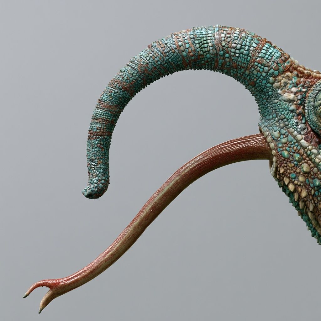 Renderizado 3D profesional de la lengua estirada de un camaleón