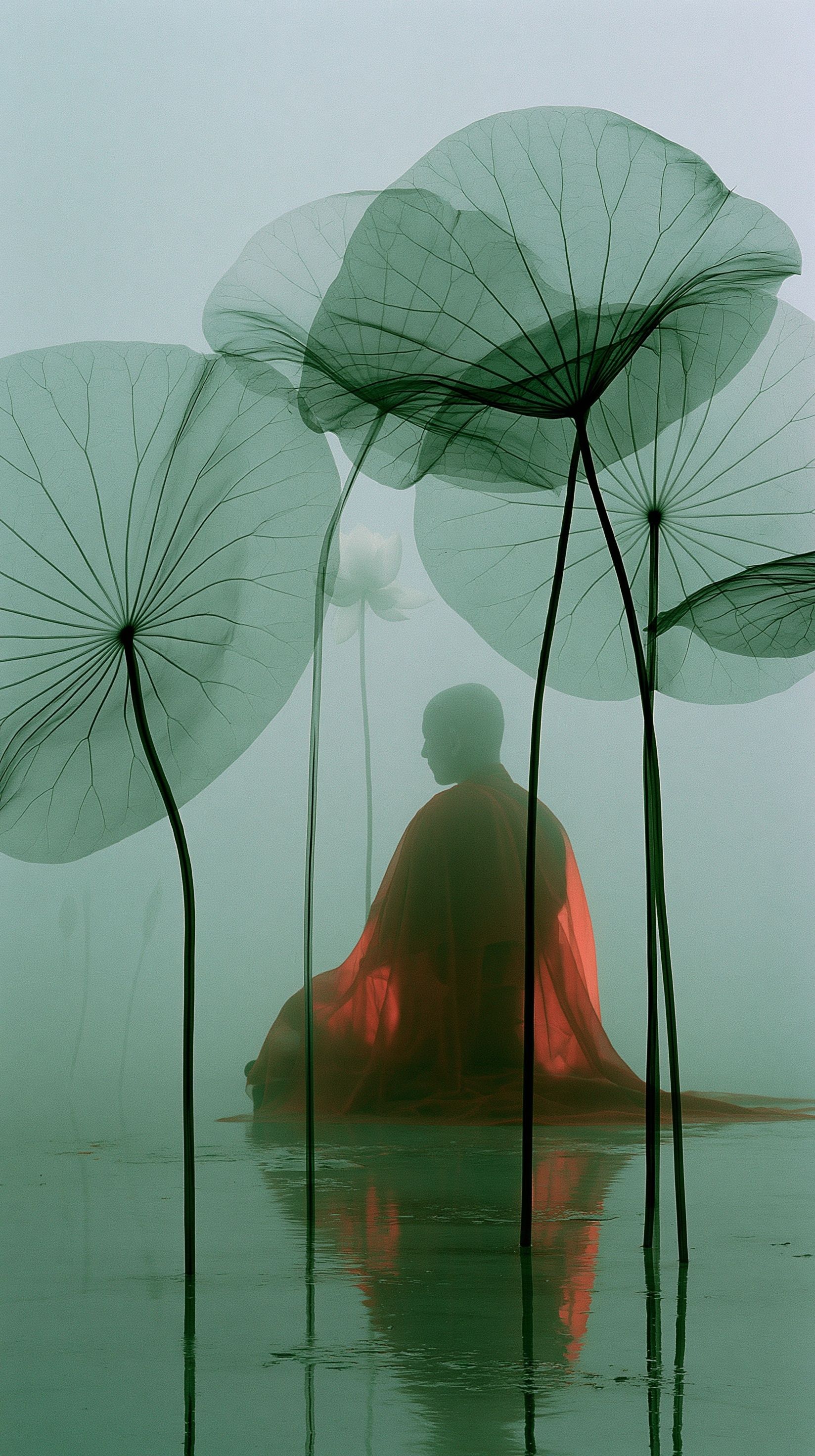 A solitary Tibetan Buddhist monk in a deep crimson robe sitting in meditation