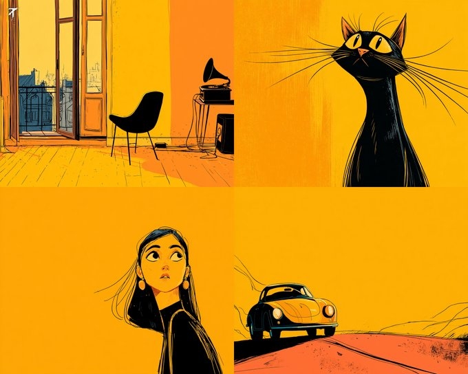 Cuatro paneles muestran un estilo de ilustración moderno de mediados de siglo