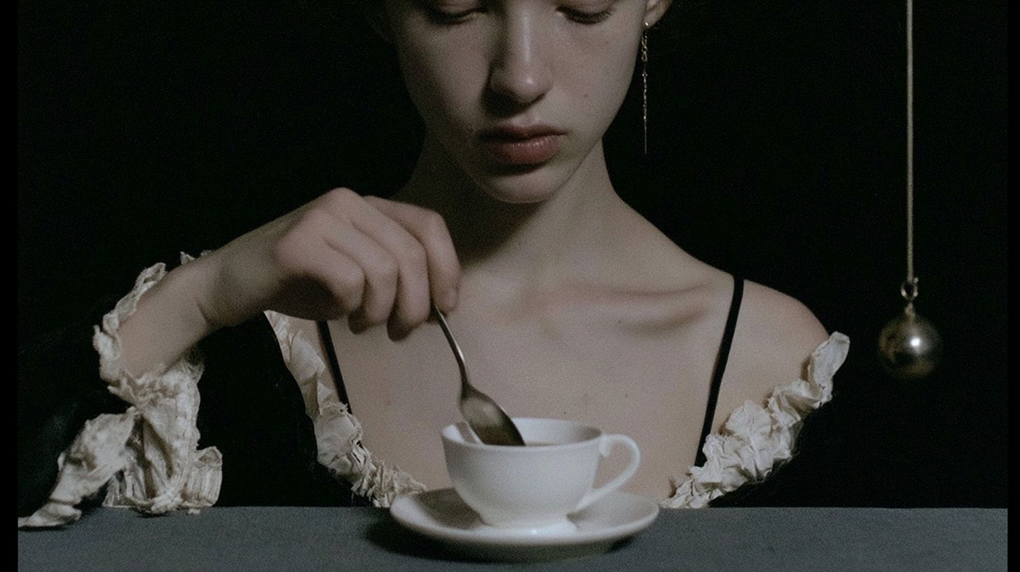 Eine Person rührt eine weiße Teetasse mit einem Löffel auf einer dunkelgrauen Oberfläche