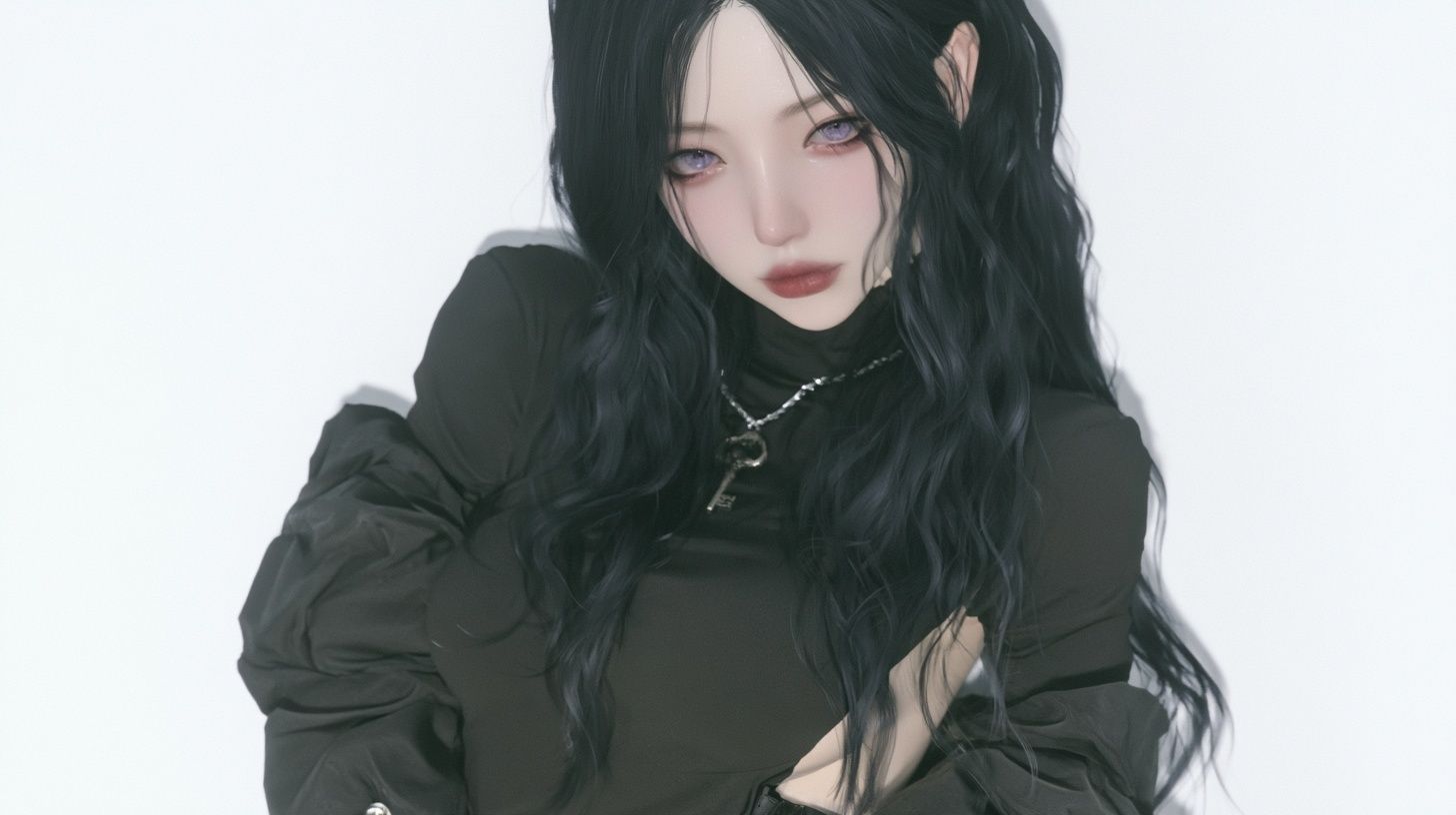 Eine Schönheit mit langen Haaren, die ein schwarzes, langes Kleid trägt, geschmückt mit einer silbernen Kette und einem alten Schlüssel, zeigt eine elegante Figur