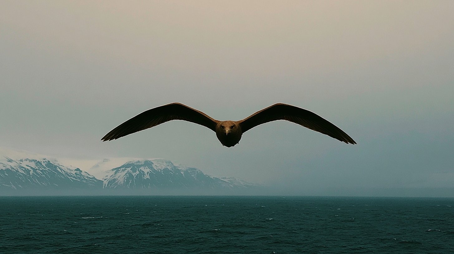 A huge dark bird with wings spread is flying towards you, amidst low mountains with white peaks and dark water creating a dreamlike atmosphere
