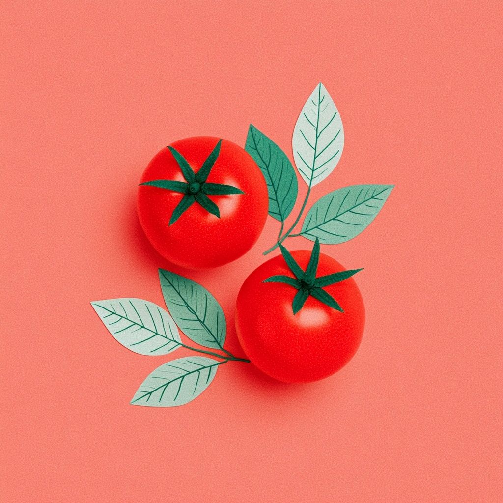 A simple light red background with tomatoes and tomato leaves