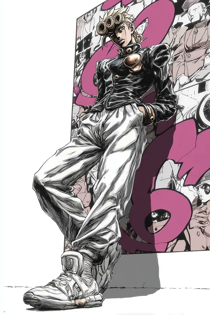 This is a classic Hirohiko Araki manga illustration showcasing JoJo's Bizarre Adventure character posing and color contrast
