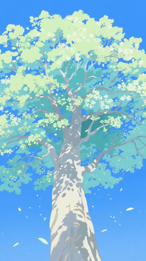 Die japanische Illustration von Ryo Mukai zeigt eine Frühlingslandschaft mit blauem Himmel und großen Bäumen