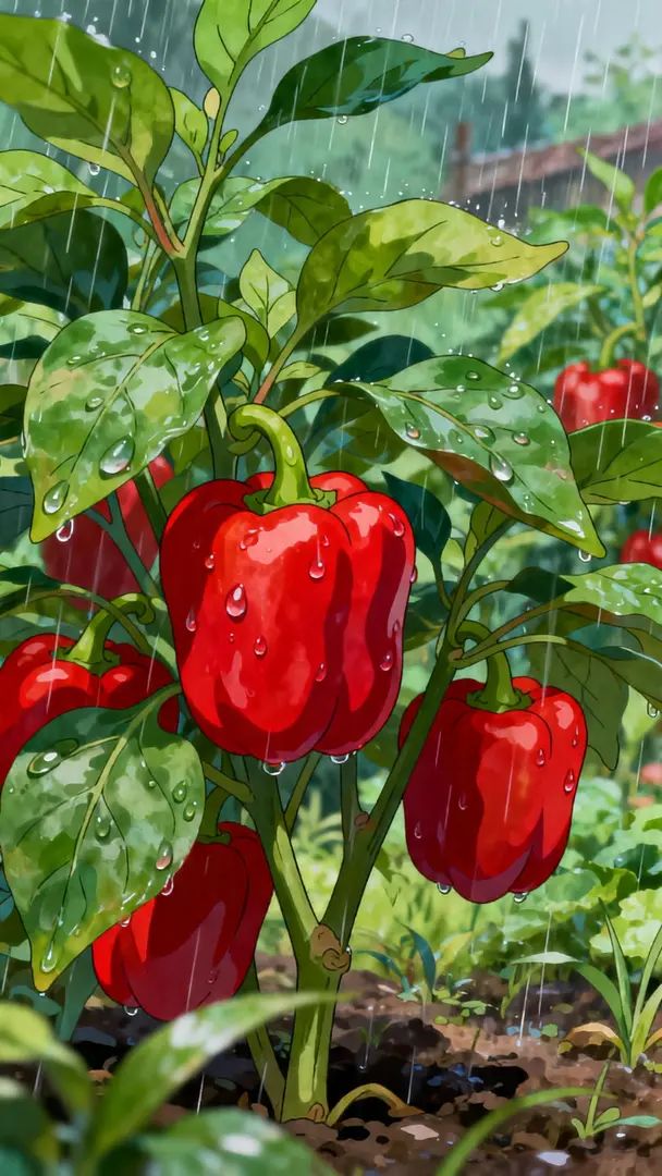 Depicts red peppers in a rainy rural garden and a fresh natural atmosphere