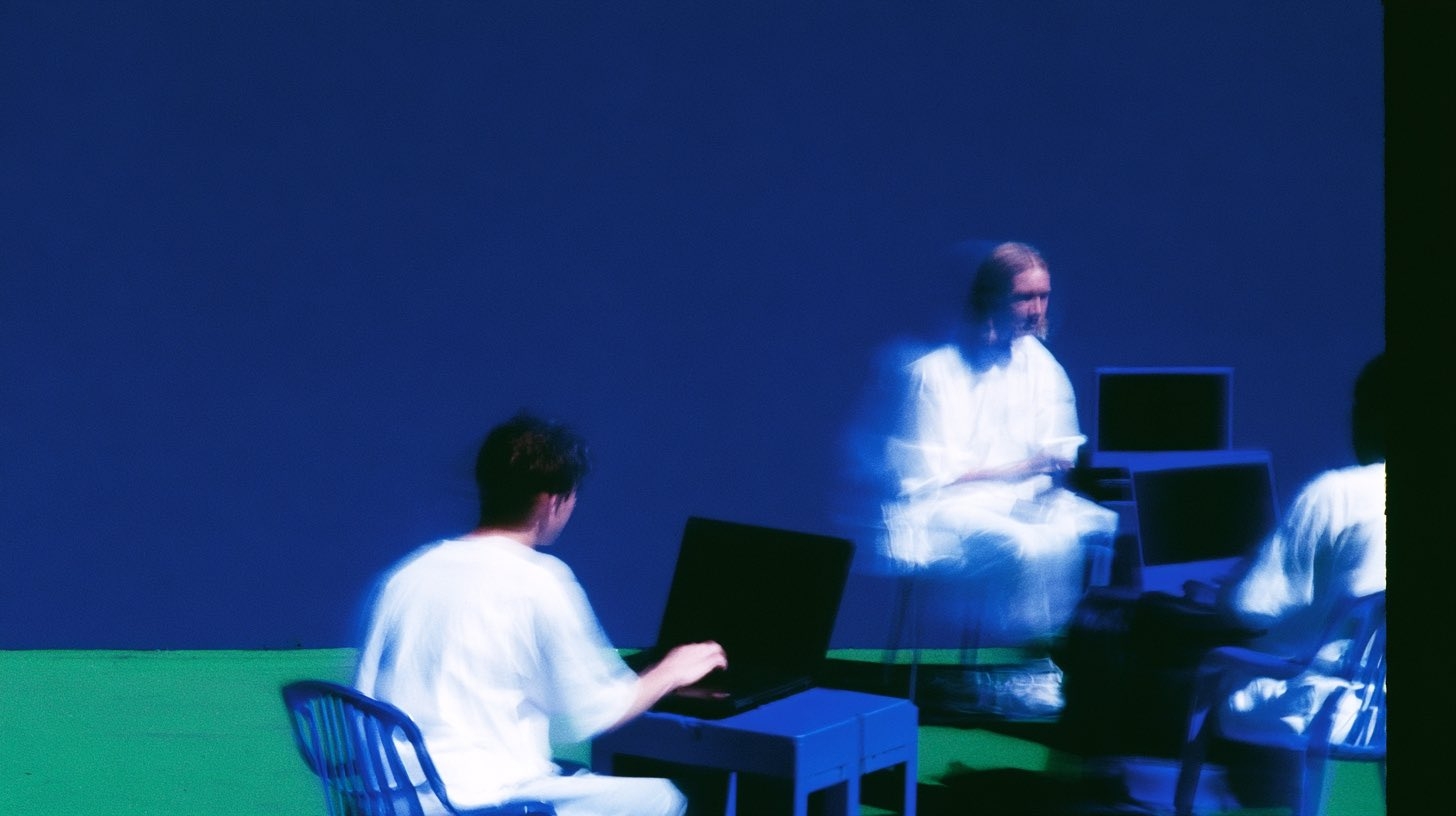 Ein experimentelles Foto zeigt eine bewegungsunscharfe Szene mit gesättigten Farben, die Themen von digitaler Arbeit und virtueller Identität widerspiegelt