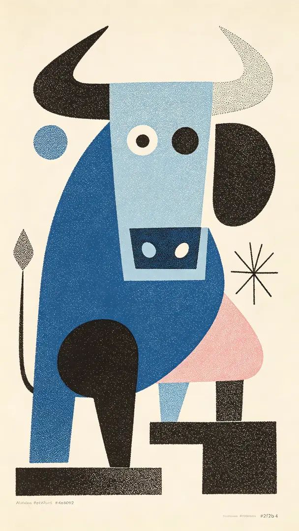 Diseño de póster abstracto minimalista con un toro al estilo de Juan Miró