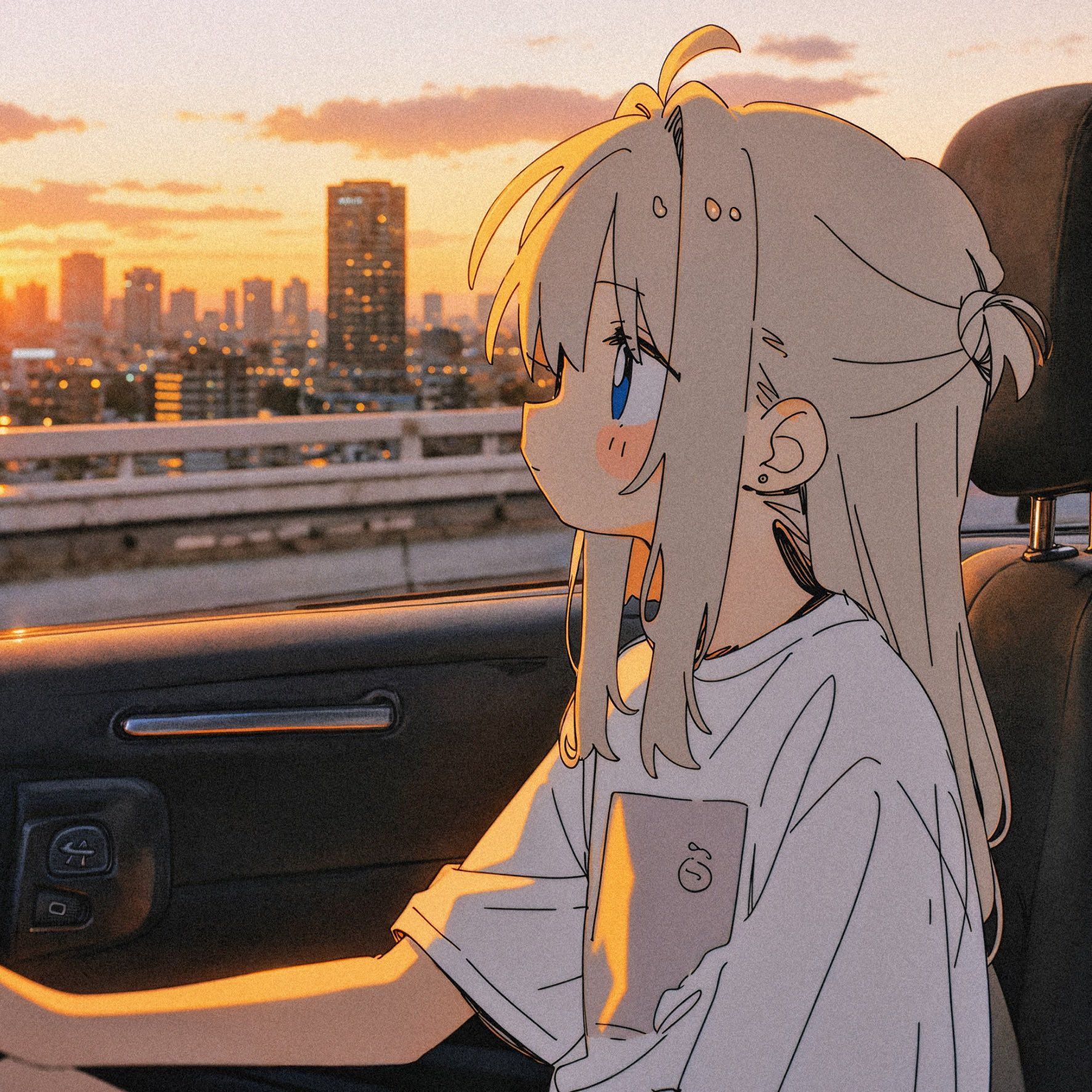 La ilustración muestra a una estudiante de cabello largo sentada en el asiento trasero de un coche mirando el horizonte de la ciudad