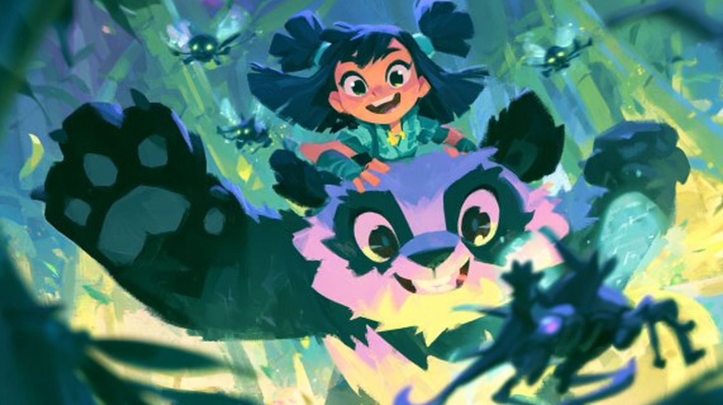 An adventurous girl battles flying bamboo beetles with a giant panda