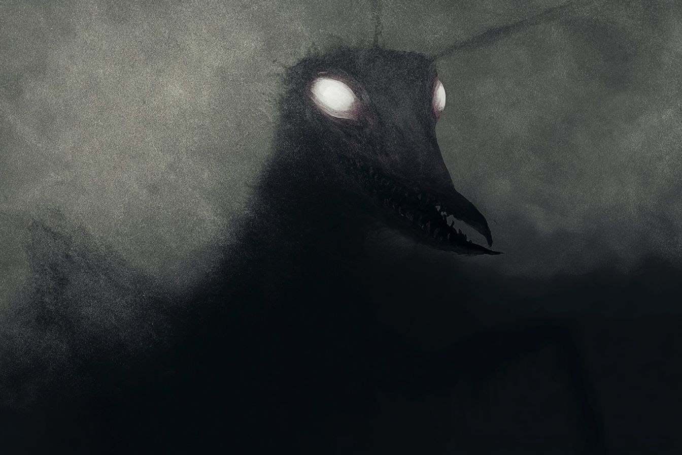 Ein bösartiges Mantidenmonster mit pupillenlosen Augen taucht aus dem dunklen Nebel auf