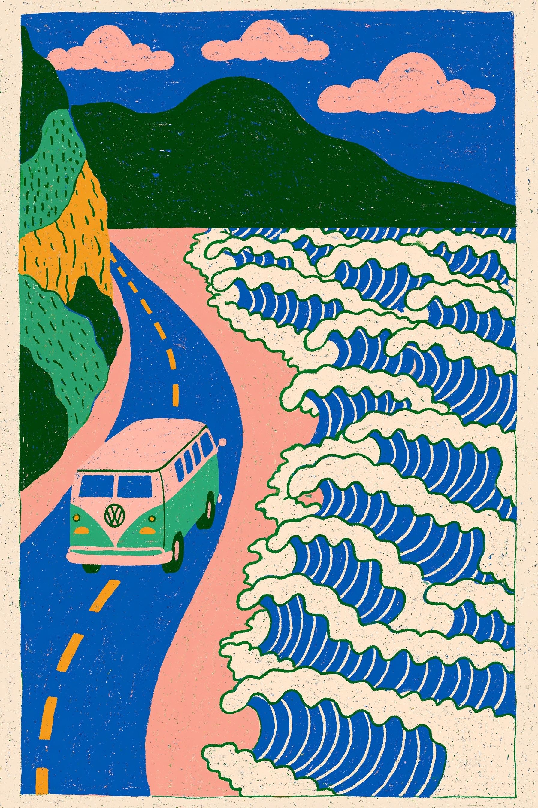 Hand drawn illustration of a 60s Volkswagen Bus driving down the beach