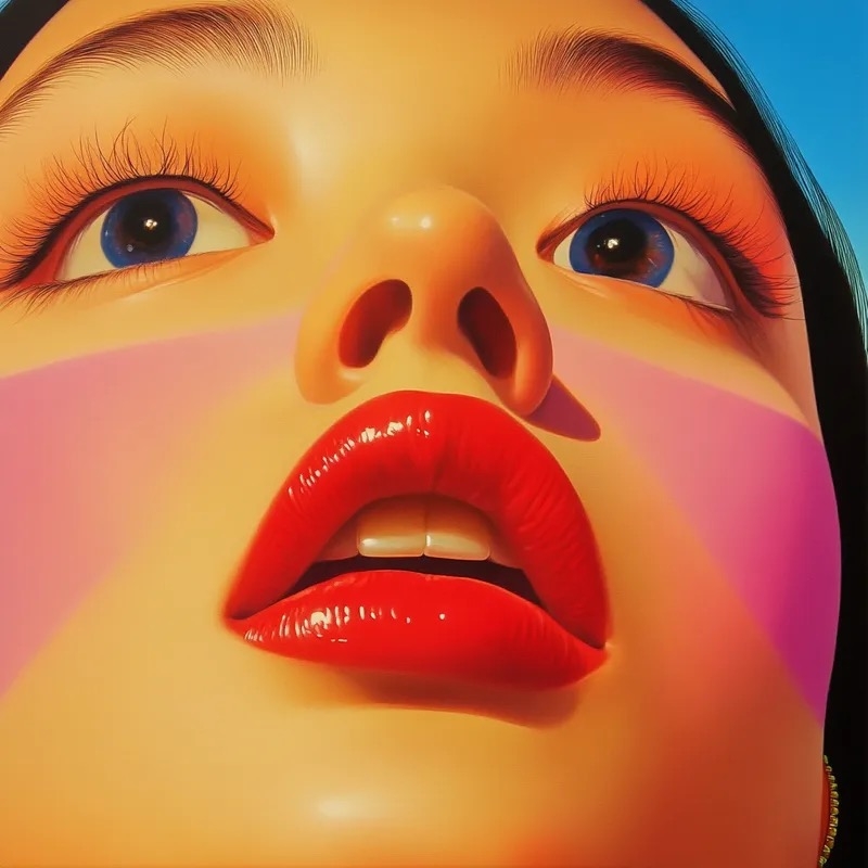 Hyper-realistic pop close-up showcases red lips and even skin tone