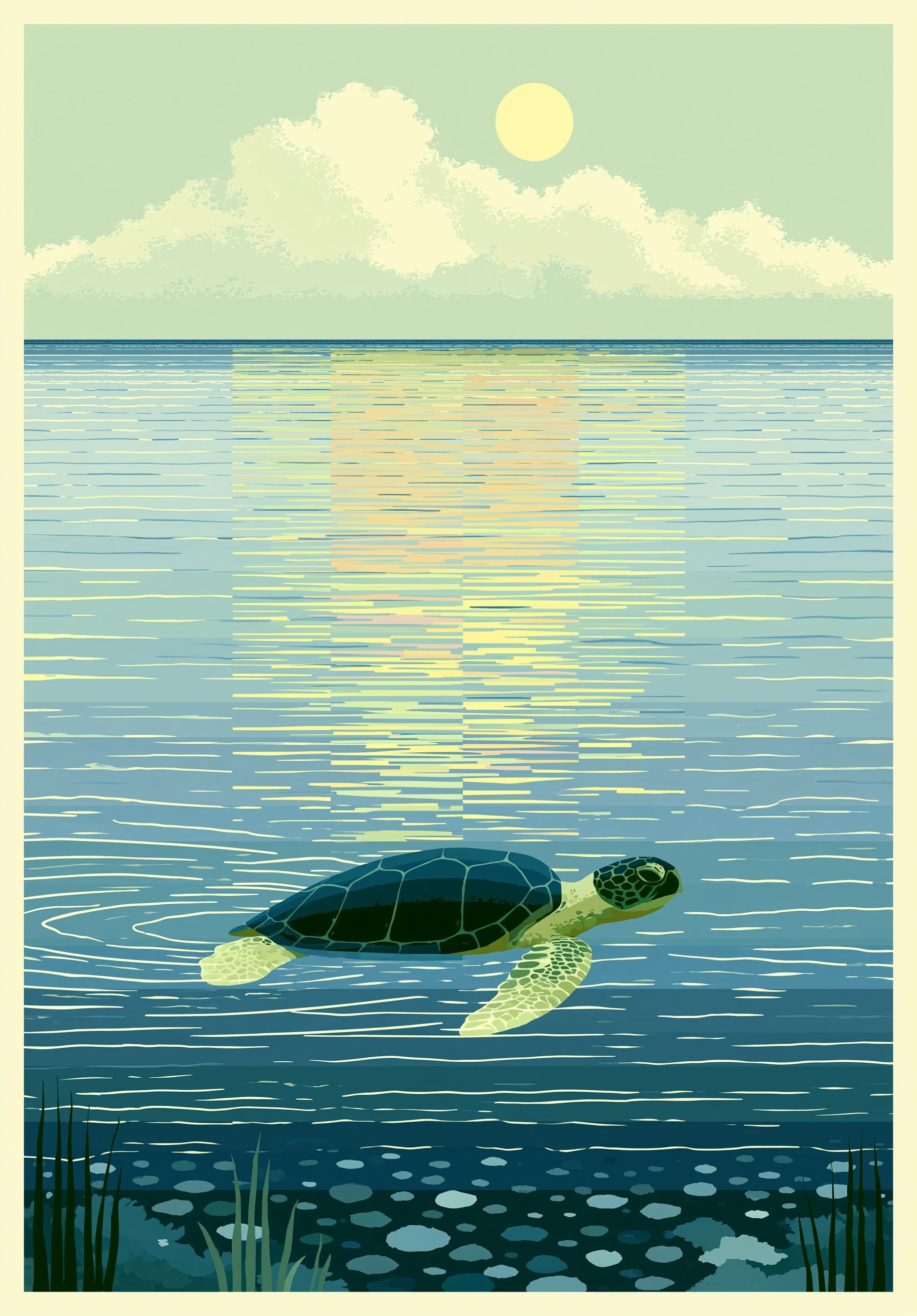 A simple and minimal turtle gliding beneath calm ocean water