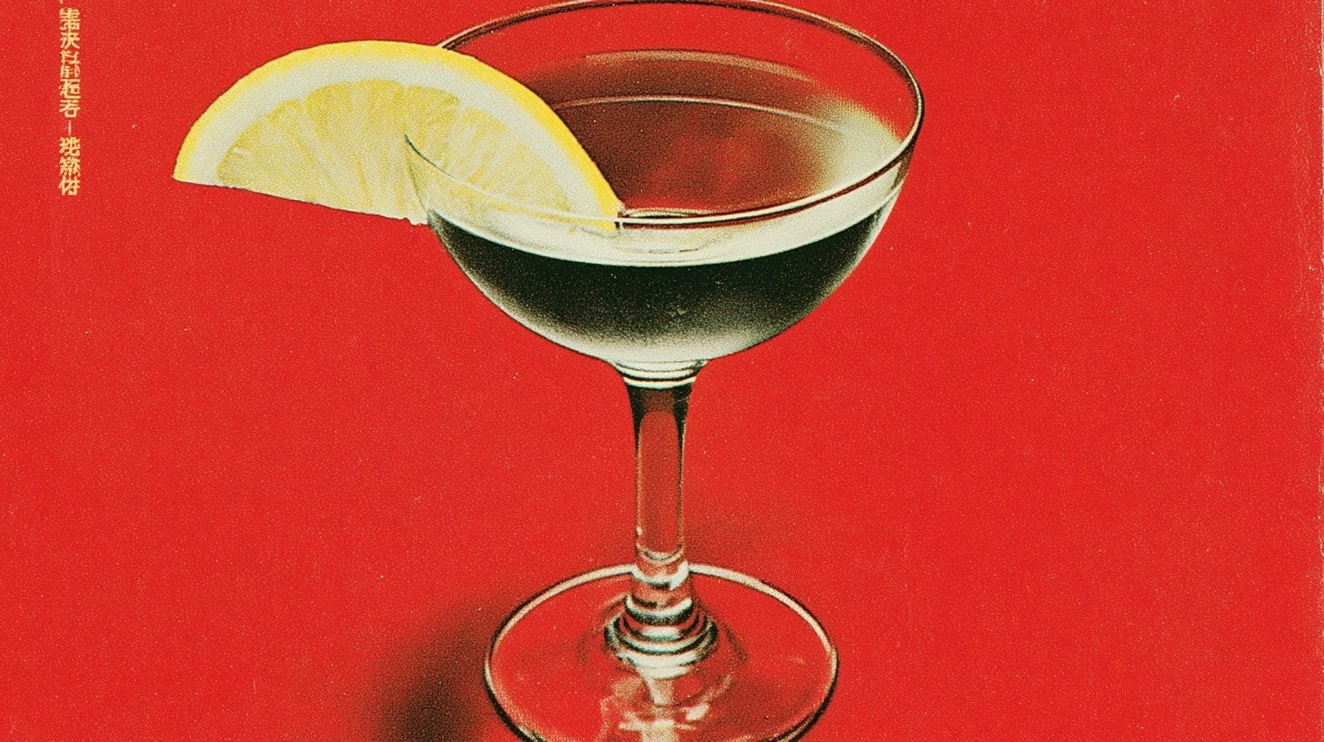 Un diseño gráfico retro minimalista que presenta un cóctel elegante y una vibrante cuña de limón
