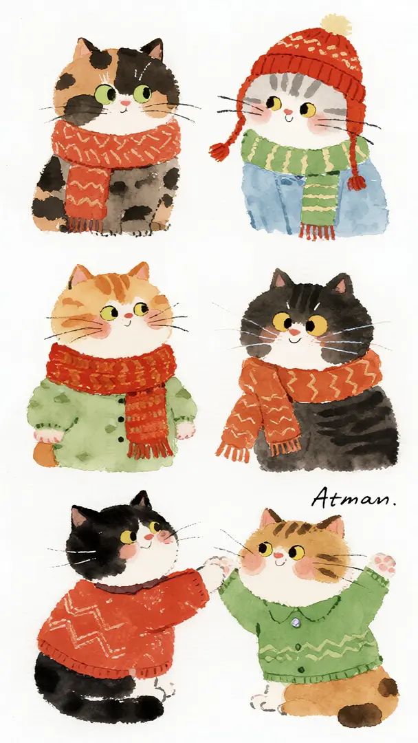 Une peinture à l'aquarelle représentant des chats de différentes couleurs vêtus de tenues festives