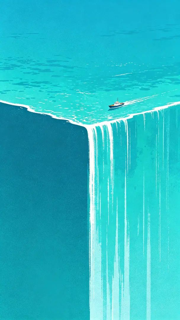 Eine Illustration eines einsamen Boots, das in einem Meerwasserfall segelt