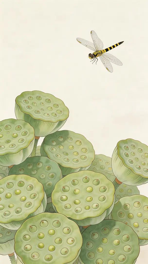 Chinese gongbi style painting features green lotus pods and a flying dragonfly