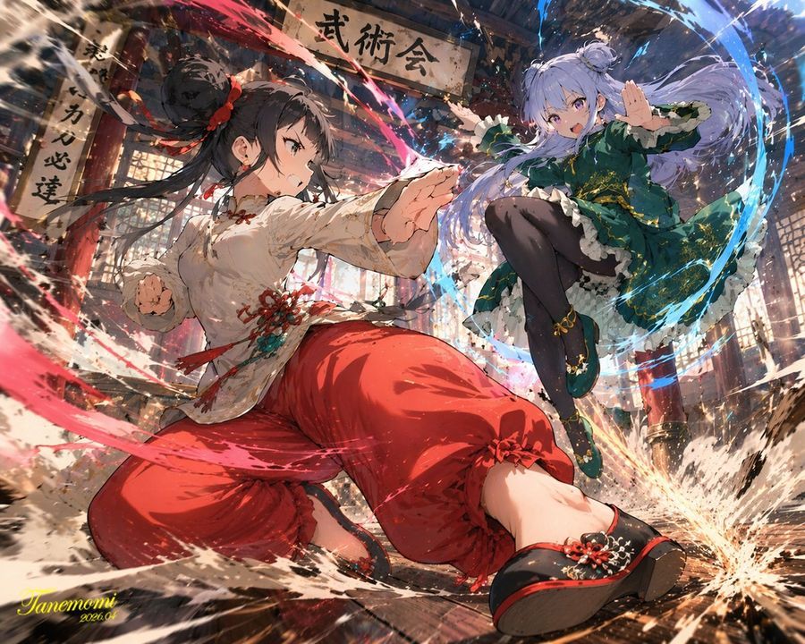 Zwei Mädchen sind in einem intensiven Duell der Kampfkünste in einem traditionellen Dojo engagiert