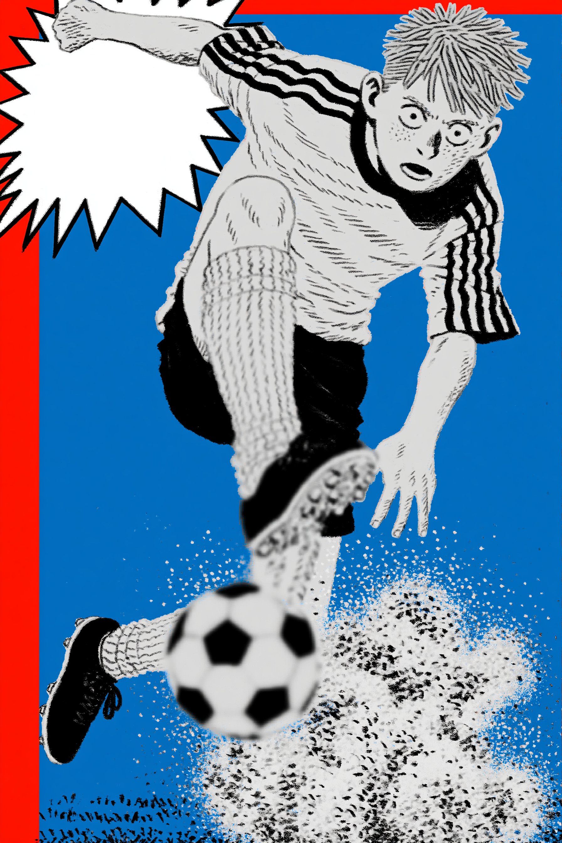 これは漫画のイラストとミクスドメディアコラージュを融合した作品で、強い色彩とダイナミックな構図を表現しています