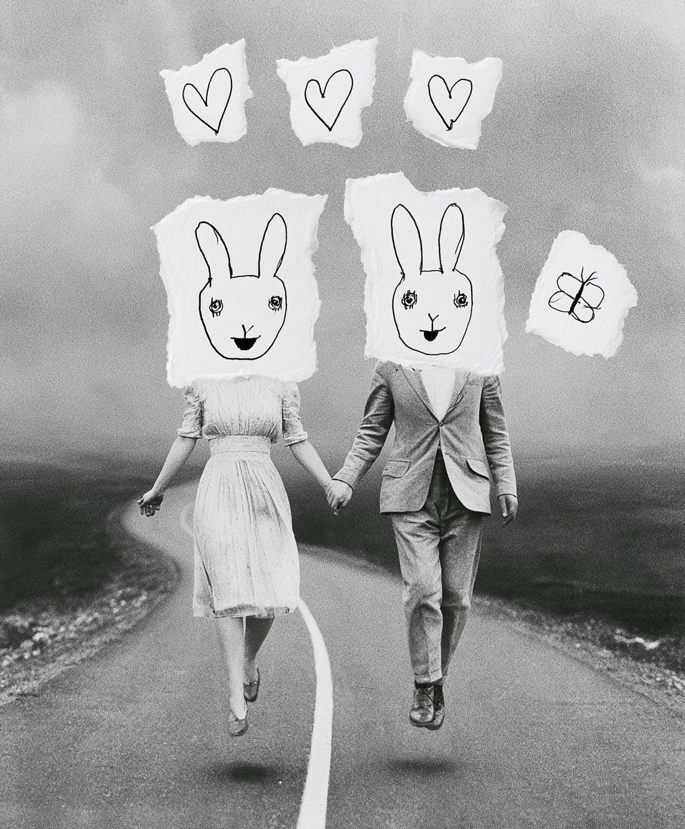 A couple is walking hand in hand toward the camera with their heads replaced by simple rabbit drawings, wearing elegant vintage clothing, and a dreamlike sky curves in the background