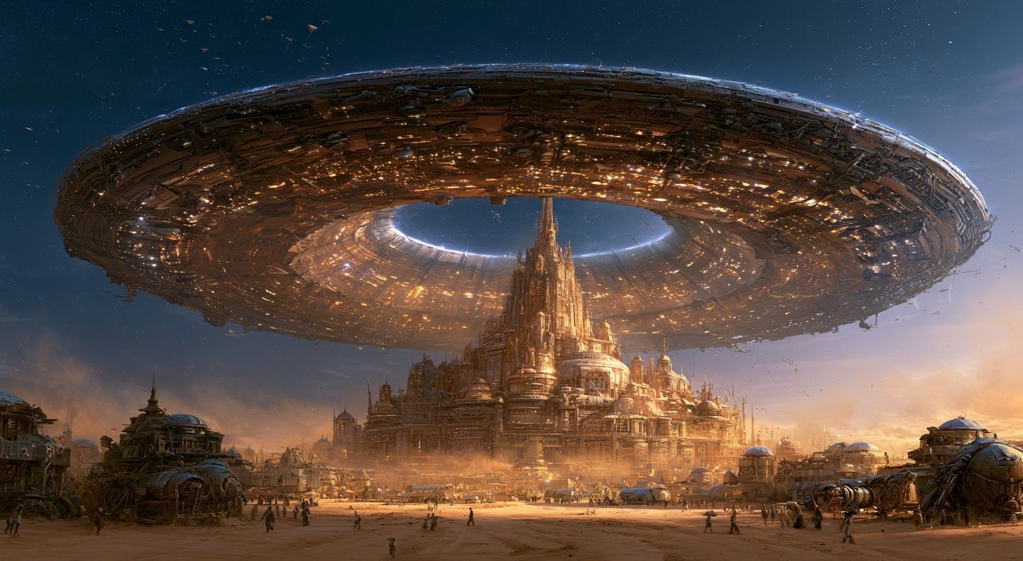 Depicts an ancient and advanced civilization in the desert