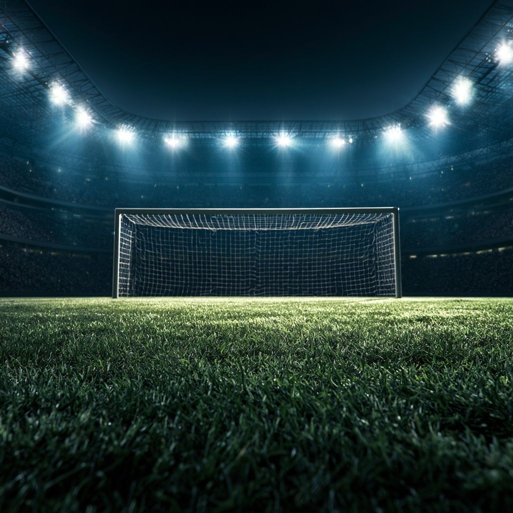 Fotografía profesional de estadio de fútbol mostrando el gol desde el centro del campo