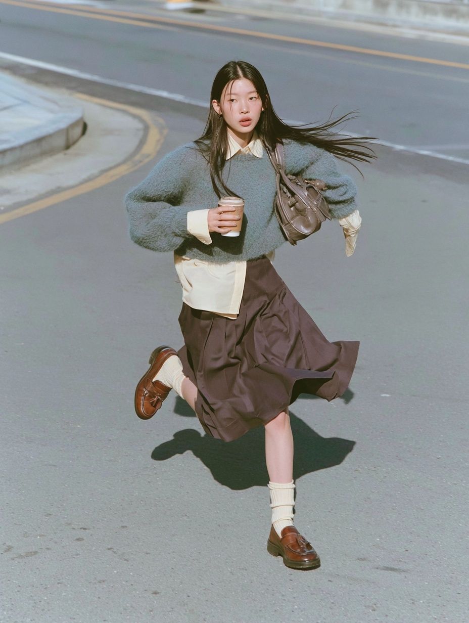A young stylish woman crosses the street quickly holding a coffee cup wearing a green wool sweater and a brown pleated skirt