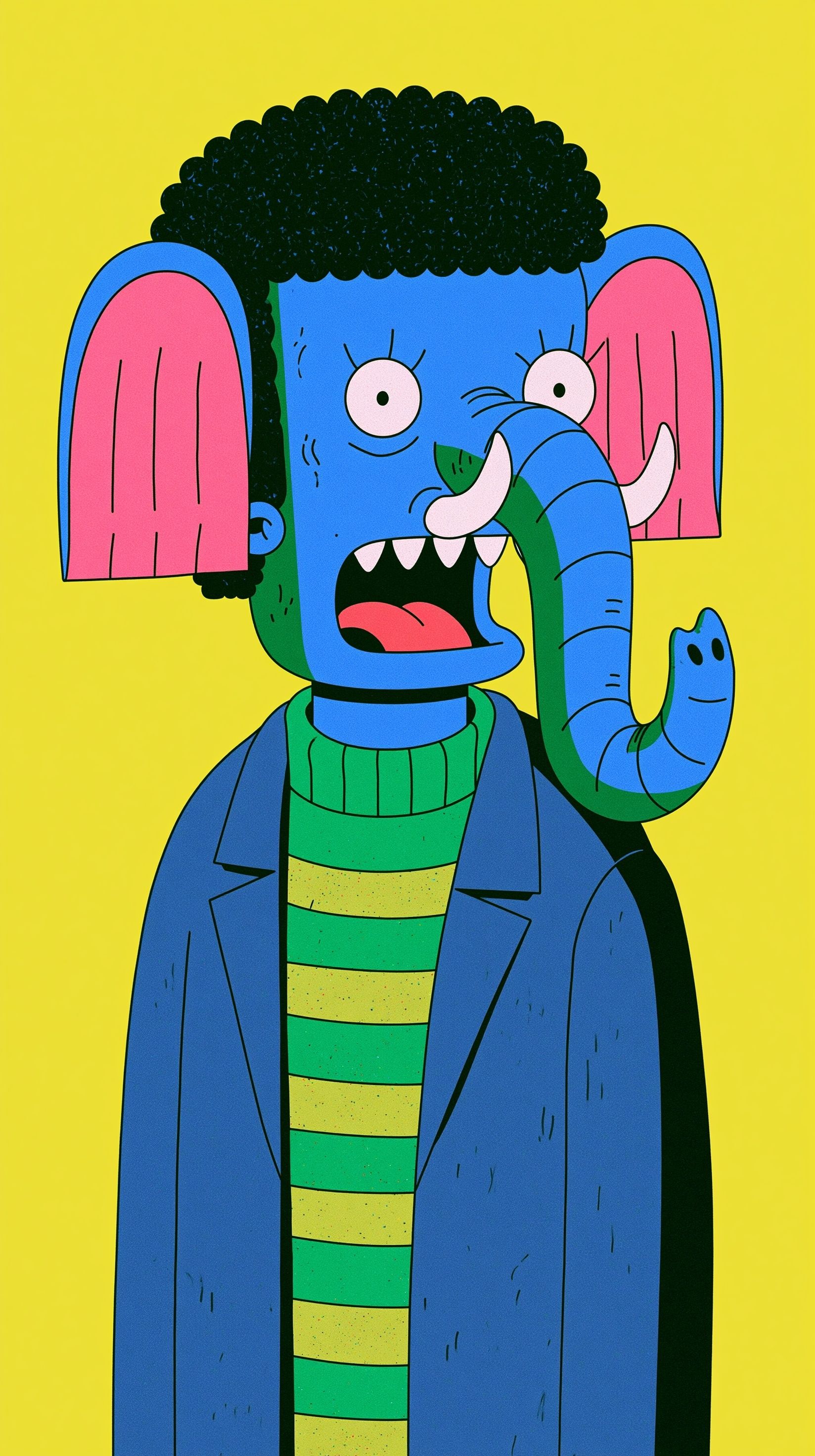 Une illustration de dessin animé montre un éléphant sur la tête d'une femme brune