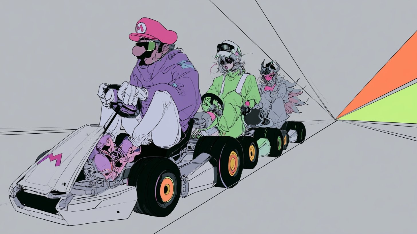 Esta é uma ilustração influenciada pelo mangá que apresenta uma combinação de rebeldia e movimento