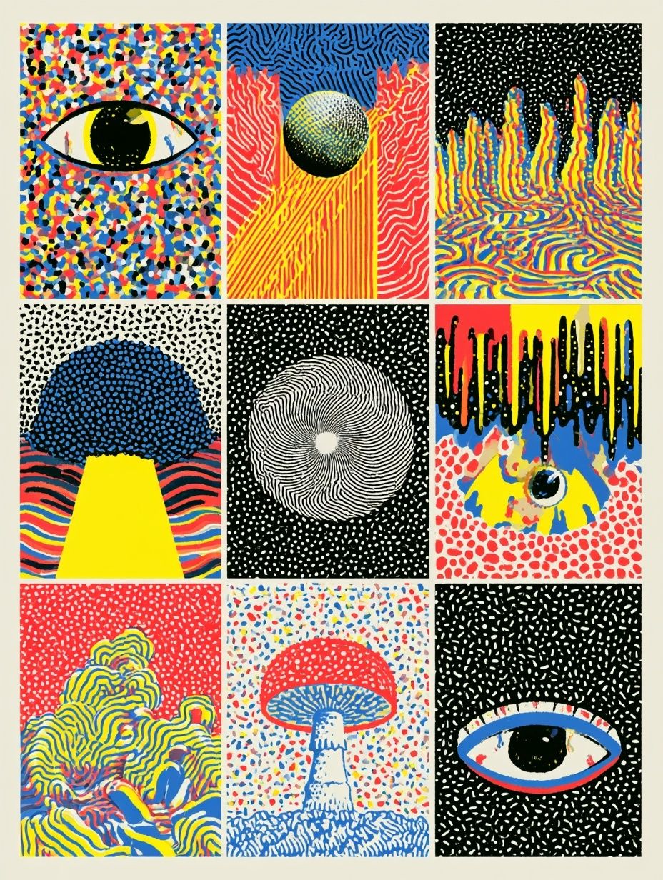 One-page surreal sci-fi comic story, each panel conveys a unique narrative through juxtaposition, pattern, shape, and color